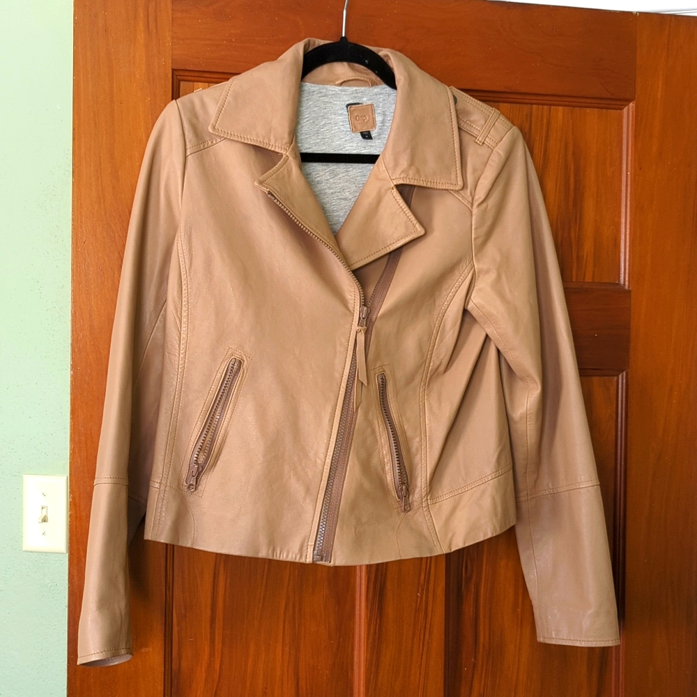 Gap Genuine Leather Moto Biker Jacket Tan Beige
